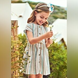 Size 6 Girls Mayoral Striped Kids Dress in Cream and Blue